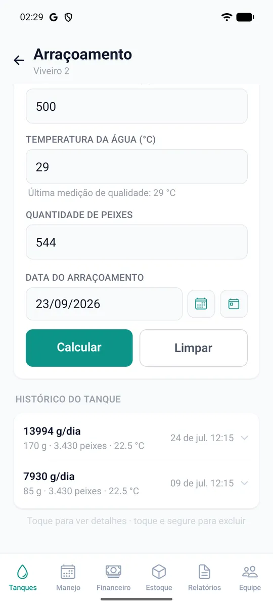 Tela de arraçoamento com a quantidade recomendada do dia e a divisão entre os tratos.