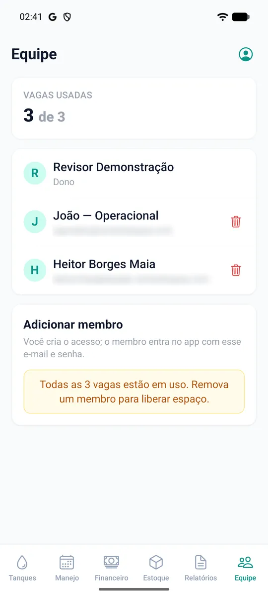 Tela de equipe com as vagas usadas, a lista de membros e o cartão de adicionar membro.
