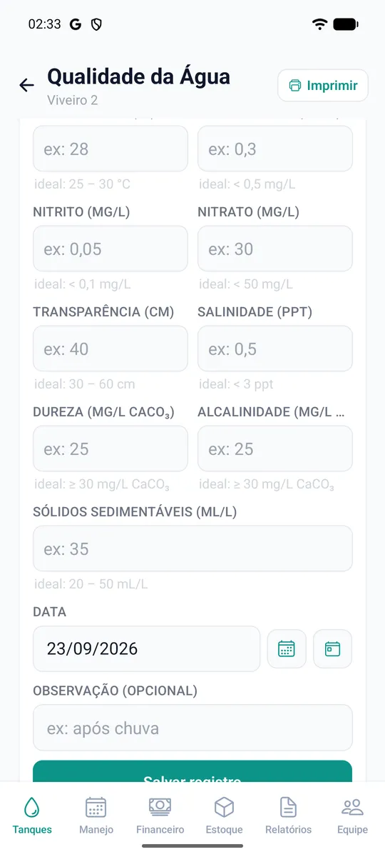 Tela de qualidade da água com a última medição e a situação de cada parâmetro.