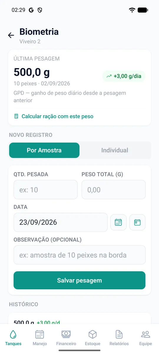 Formulário de biometria com o novo peso médio em gramas e a data da pesagem.